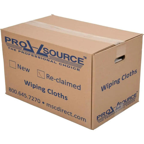 Box labeled 'Pro-Source Reclaimed Terry Cloth Rags Assorted Colors 25 Lb Pack 3 To 4 Pieces Per Pound Heavy Duty Shop Wipes'