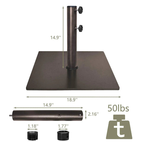 Heavy Duty Square Umbrella Base With Steel Plate Stand For Patios Up To 160 Lbs, Reddish Brown Finish, 50lbs dimensions
