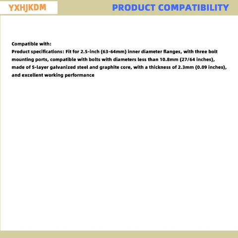 2.5-inch exhaust gasket compatibility text: 63–64 mm diameter, three-bolt flange; steel and graphite core.