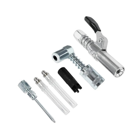 Grease Gun Accessory Kit With Needle Dispenser 90 Degree Coupler 12 Inch Hose Fitting Cleaner And More For Auto Shop Farm And Industrial Maintenance Gear, showing components.
