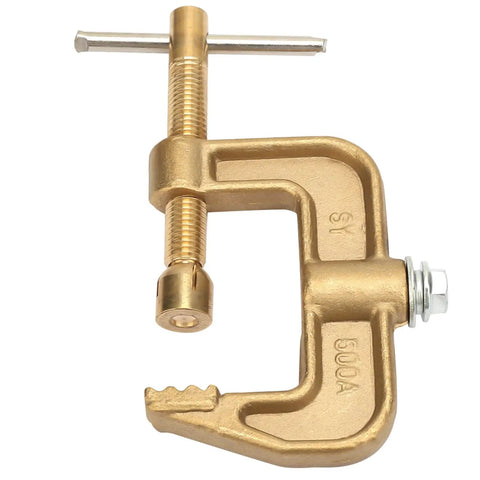 Top Notch 500A Brass Ground Welding Earth Clamp With Heavy Duty G Shape Design, showing brass material and tightening lever.