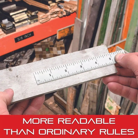 Person measuring metal sheet with Aluminum Meter Stick Ruler 39.37 Inch Metric and English Dual Scale.