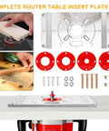 Rock Solid Workhorse Aluminum Router Table Insert Flip Plate With Four Bold Red Center Rings And Precision Mounting Kit For Tight Woodworking Bench Setup, showcasing the insert plate and accessories.