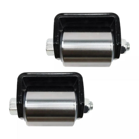 Heavy Duty Weld On Iron Micro Mini 2 Inch Trailer Roller Set for Low Profile Trailers With Grease Fitting and Steel Skid Wheel Replacement Two Pack Bundle, showcasing steel wheels