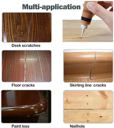 Heavy Duty Wood Repair Kit And Touch Up Paint For Furniture Scratches And Stains Hardwood Floor Cabinet Veneer Filler used for desk, floor, and nailhole repairs.
