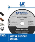 Ultra Saw Corded Compact Saw Tool Kit With 3 Cutting Wheels And Auxiliary Handle, showing Dremel US510 metal cutoff wheel, 3.5 inches