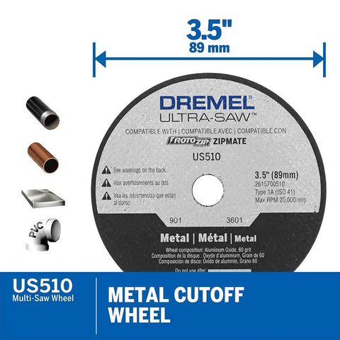Ultra Saw Corded Compact Saw Tool Kit With 3 Cutting Wheels And Auxiliary Handle, showing Dremel US510 metal cutoff wheel, 3.5 inches