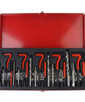Pro Grade 131 Piece Metric Thread Repair Kit With HSS Drill Bits Taps Threaded Wire Inserts And Break Off Tool Set For Auto Engine Repairs Durable Heavy Duty Steel Construction For Long Lasting Performance open case with taps, drill bits, and inserts