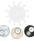 Transparent Acrylic Clock Template Set For Woodworking Router Projects And DIY Wall Dial Stencils on various surfaces.