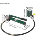 20‑ton hydraulic jack and CP‑180 hand pump with pressure gauge; green low‑profile porta‑power kit with hose.