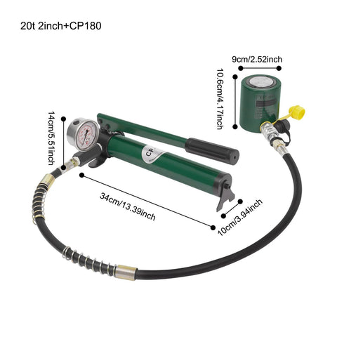 20‑ton hydraulic jack and CP‑180 hand pump with pressure gauge; green low‑profile porta‑power kit with hose.
