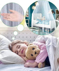Kid Friendly Bed Canopy Mosquito Net For Girls Room Decor Insect Protection Hanging Bed Canopy For Adults And Babies Outdoor Camping Blue Single Door Easy Setup displayed in a child's room, showing mesh detail and sleeping child.
