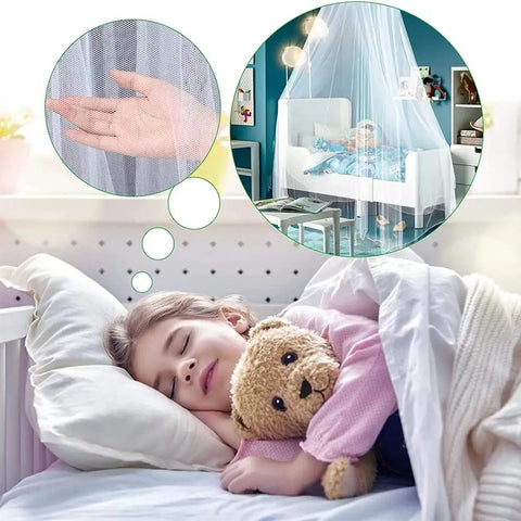 Kid Friendly Bed Canopy Mosquito Net For Girls Room Decor Insect Protection Hanging Bed Canopy For Adults And Babies Outdoor Camping Blue Single Door Easy Setup displayed in a child's room, showing mesh detail and sleeping child.