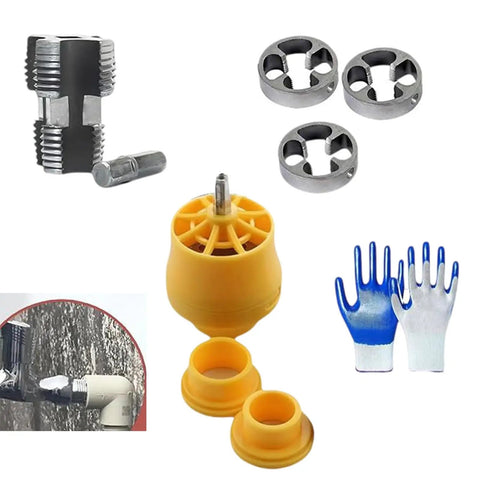 PVC Pipe Threader Kit With Three Die Sizes For Flexible Plumbing Projects, Electric Drill Compatible Threading Tool Set For Quick Install, Stable, Efficient, And Pro Grade For Pros And DIY, three dies and PVC threader heads for plumbing