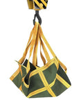 Heavy Duty Canvas Cargo Lifting Net With Reinforced Handles for crane pallet haul, green canvas shown supported by machine hook.