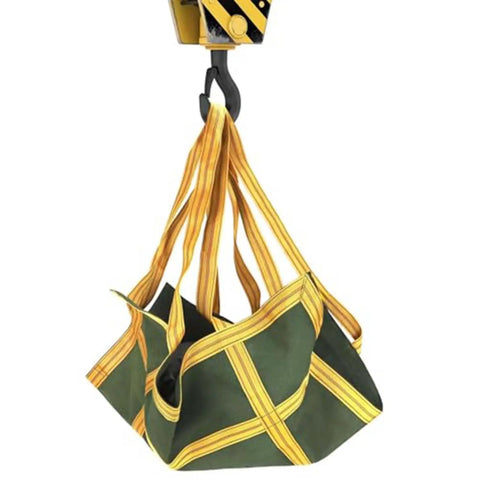 Heavy Duty Canvas Cargo Lifting Net With Reinforced Handles for crane pallet haul, green canvas shown supported by machine hook.