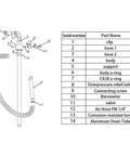 Diagram of Snazzy Stainless Steel Air Operated Oil Transfer Pump parts, including hoses, valve, and aluminum drain tube.