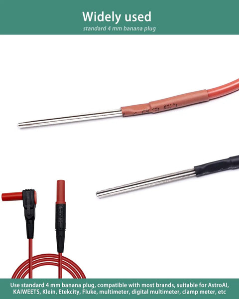 Flexible Silicone Spoon Back Probes for Automotive Wiring 4mm Banana Plug Test Leads, shown from side and close-up view.