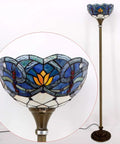 Blue Lotus Tiffany Floor Lamp With Stained Glass Shade 12 Inch Wide 71 Inch Tall Torchiere Standing Corner Uplight Go-To Living Room And Bedroom Decor Antique Bronze Base UL Listed And LED Ready