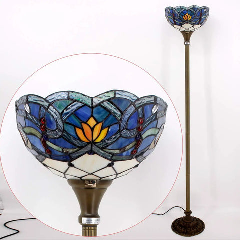 Blue Lotus Tiffany Floor Lamp With Stained Glass Shade 12 Inch Wide 71 Inch Tall Torchiere Standing Corner Uplight Go-To Living Room And Bedroom Decor Antique Bronze Base UL Listed And LED Ready