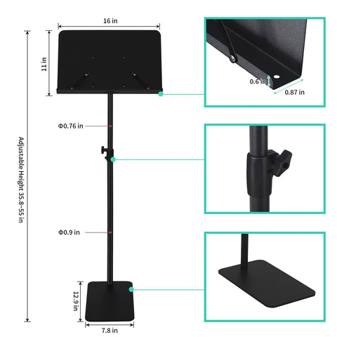 Diagram of adjustable metal music stand with phone and tablet holder, showing dimensions and details. Adjustable height 35.8-55 in.