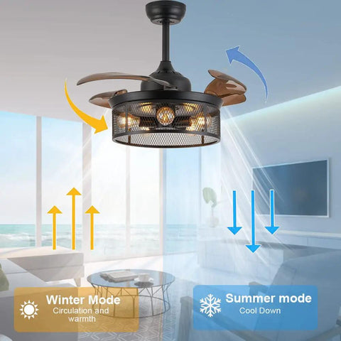 36 Inch Caged Ceiling Fan With Remote Control And Chandelier Light Kit Retractable Blades Six Speeds Quiet Energy Efficient Indoor