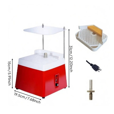 Diamond Glass Grinding Machine With Auto Cooling And Baffle, red and white benchtop tool for shaping and polishing glass, dimensions shown.
