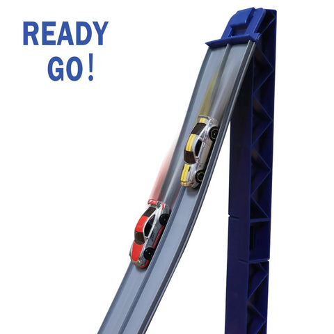 Flexible Dual Lane Race Track With Jump Ramp Toy For Kids, 13 Feet Of Action, Compatible With Diecast 1 64th Cars on incline start