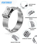 All In One 120 Piece Hose Clamp Kit With 304 Stainless Steel Single Ear Clamps In 12 Sizes detail view with clamp features