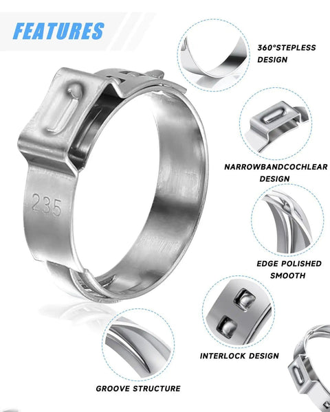 All In One 120 Piece Hose Clamp Kit With 304 Stainless Steel Single Ear Clamps In 12 Sizes detail view with clamp features