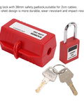 Rock Solid Industrial Power Plug Lockout Safety Box With Heavy Duty Padlock That Keeps 110V And 220V Cables Locked Down Tight On Any Rough Job Site Or Garage Workbench, red box with padlock and keys.