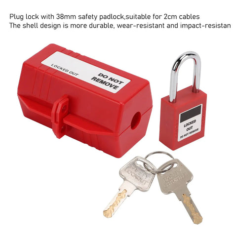 Rock Solid Industrial Power Plug Lockout Safety Box With Heavy Duty Padlock That Keeps 110V And 220V Cables Locked Down Tight On Any Rough Job Site Or Garage Workbench, red box with padlock and keys.