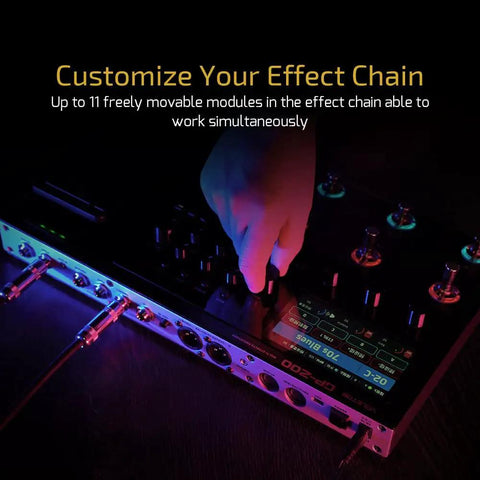 User adjusting All In One Dope Guitar And Bass Multi Effects Pedal With Expression Input FX Loop MIDI Amp Modeling IR Cab Simulation Stereo Output And USB Interface 240 Plus Built In Effects 140 Amp And Cabinet Simulations 100 Stompbox Pedals, with customizable effect chain interface