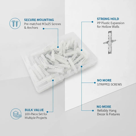 100 Piece White PP Drywall Anchor And Screw Kit With Self Tapping M3x25 Plugs For Hollow Walls To Hang Picture Frames