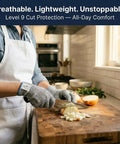 Person using Level 9 Cut Resistant Kitchen Gloves With HPPE Food Grade Materials For Meat Cutting, slicing onions on a wooden board.