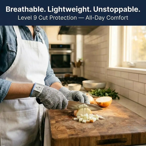Person using Level 9 Cut Resistant Kitchen Gloves With HPPE Food Grade Materials For Meat Cutting, slicing onions on a wooden board.