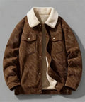 Casual Corduroy Jacket With Cozy Fleece Lining Full Zip Closure, Relaxed Fit Men’s Outerwear in khaki, soft texture and warmth