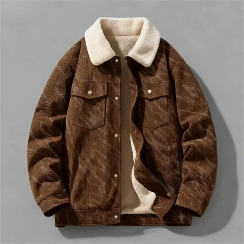Casual Corduroy Jacket With Cozy Fleece Lining Full Zip Closure, Relaxed Fit Men’s Outerwear in khaki, soft texture and warmth