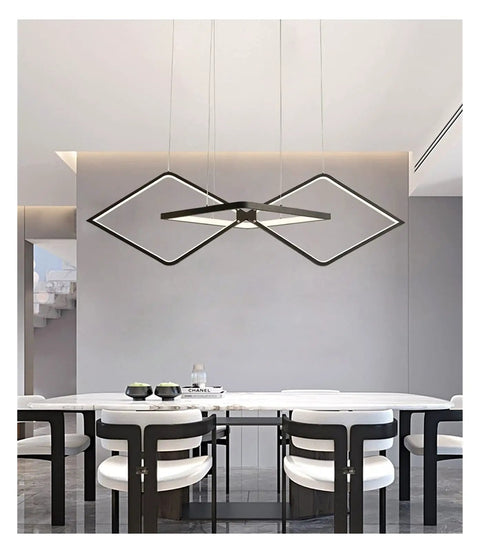 Minimalist Modern LED Pendant Lights for Living Room Dining Table LED Pendant Lamp for Home Shops Office Use (Colour: BlackColdWhite Size: L100CM) (Blackdimmingwithremote L100CM) above a white dining table.