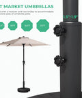 Heavy Duty Patio Umbrella Stand With 81.5lb Capacity Water Filled Base, shown with knob detail and umbrella, fits 6-10 ft umbrellas