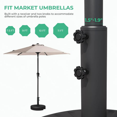Heavy Duty Patio Umbrella Stand With 81.5lb Capacity Water Filled Base, shown with knob detail and umbrella, fits 6-10 ft umbrellas