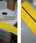 Top Shelf Zero Clearance Tape For Nail The Cut Precision And Crispy Clean Edges On Miter Or Table Saws with yellow PVC on a miter saw.