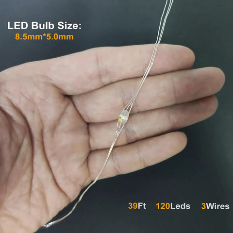 Close-up of LED bulb on 39ft copper wire with 120 LEDs, part of Two Pack 78Ft Battery Operated RGB Fairy Lights With Remote And Timer 240 LEDs Flexible Copper Wire Twinkle String Lights For Indoor Cozy Bedroom Christmas Decor Vibe.