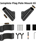 Dual Flag Pole Mount For Trailer Jack Fits Two Inch And Two And Quarter Inch Poles displayed with components and dimensions.