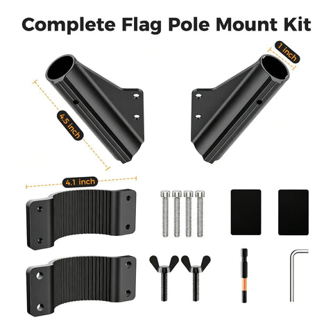 Dual Flag Pole Mount For Trailer Jack Fits Two Inch And Two And Quarter Inch Poles displayed with components and dimensions.