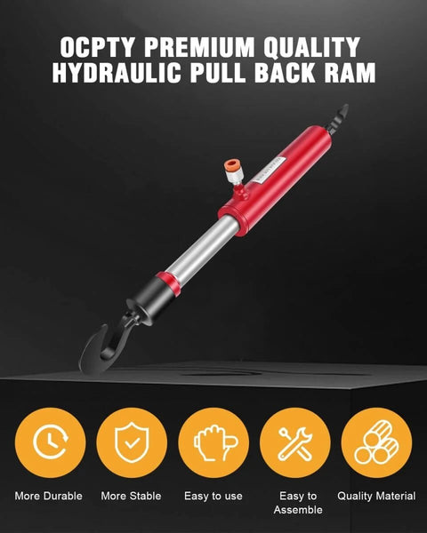 OCPTY hydraulic pull back ram with rotating hook, 26 inch, carbon steel, for body shop tools, 10 ton capacity, 8100 PSI.