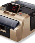 Heavy Hitter Cash Counter Machine With Smart Anti Fraud Bill Scanner And Crisp Lcd Screen And Mute Operation Built For Retail Bosses And Banks To Tackle Big Paper Money Stacks Effortlessly in gold color with LCD display.