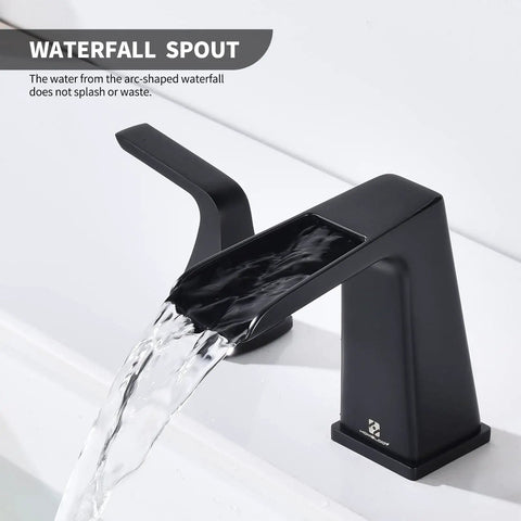 Matte Black Waterfall Bathroom Faucet For 8 Inch Widespread Sink Three Hole Two Handle Vanity Faucet With Pop Up Drain