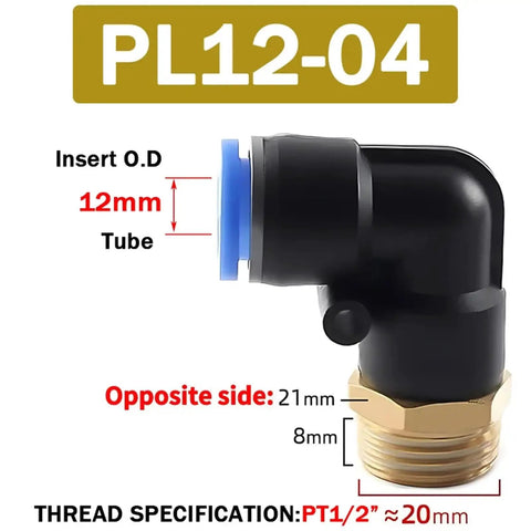 Pneumatic Air Connector Kit With Elbow Fittings And Quick Connect Hose For 4 6 8 10 12 Millimeter Lines Thread Sizes One Eighth One Quarter Three Eighths One Half Inch PL12 04 showing 12mm insert dimension at PT1/2 thread size
