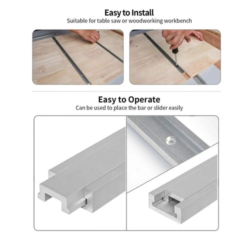Top Shelf Aluminum Miter T Slot Tracks With Pre Drilled Mounting Holes 4 Pack 48 Inch Bars installation process on a woodworking workbench.